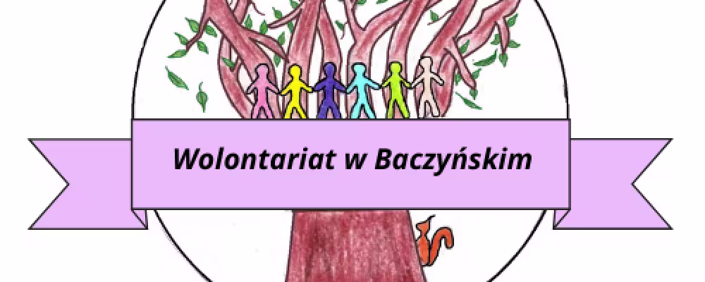 Grafika: Drzewo z kolorowymi postaciami na gałęziach. Fioletowy baner z napisem &bdquo;Wolontariat w Baczyńskim&rdquo;.